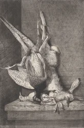 Jakttrofé med fågelvilt och kanin, 1850-1900.