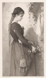 Ung kvinna tar med blommor till nisch med statyn av Maria Marguerite (titel på objekt)