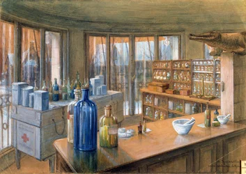 Apoteket vid det holländska militärsjukhuset i Paris, 1917 (penna och krita på papper)