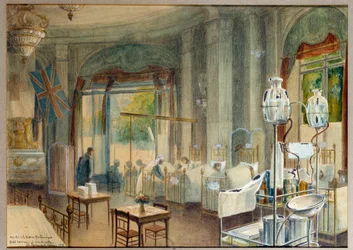 Utsikt över det stora rummet på det brittiska sjukhuset på Hotel Astoria. Målning av Charles Igunet De Villers (1881 - 1944)