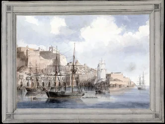Vue de Malte (View at Malta) (den stora hamnen i Valletta med Fort Sant Angelo) - Målning av Charles Andrew Dyce (1816-1853), akvarell på papper (25,1 x 34,9 cm), cirka 1849 - Yale University (USA)