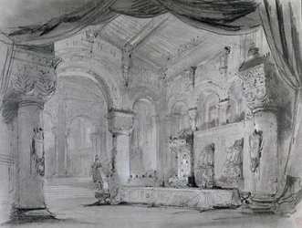 Scenografi av palatsinteriören för en föreställning av operan "Macbeth" av Giuseppe Verdi (1813-1901) på Theatre Lyrique, Chatelet, 1865 (kol och vit krita på papper)
