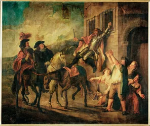 Don Quichotte attache a unse fenetre par la malice de Maritorne - Don Qijote, genom Maritornes ondska, är fastspänd vid ett fönster ...