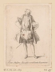 Stående adelsman sedd framifrån Petit Maître faisant semblant de penser (titel på objekt) Figures de modes (serietitel)