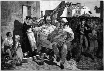 Militärtjänst: lottning i Bourgogne, värnpliktiga nära Macon. Gravyr av Montbart i ""The Illustrous World"" nr 1299 av 18 februari 1882.