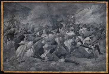 "Den egyptiska arméns nederlag under Hicks Pasha av Mahdi Muhummad Ahmads styrkor vid El Obeid", 5 november 1883 (akvarell en grisaille)