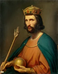 Porträtt av Hugo Capet (941-996), kung av Frankrike år 987. Han håller en glob och en spira i handen, maktens symboler. Målning av Charles de Steuben (1788-1856), 1800-talet. Sol. 0,91 x 0,74 m.
