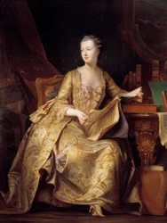 Porträtt av Jeanne Antoinette Poisson, Madame de Pompadour (känd som Marquise of Pompadour) (1722-1764) med ett partitur, Målning av Charles Auguste Steuben (1788-1856) (ec.alle) 1800-talets sön. 1,65x1,32 m