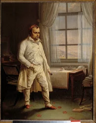 Porträtt av Napoleon I (1769-1821) en Sainte Helene i ett verk vid Longwood dikterar hans minnesmärken Målning av Charles Auguste Steuben (1788-1856) 1820 Sön. 0,62 x 0,51 m Ile D