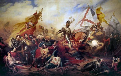 Religionskrigen (1562-1598): ”Kung Henrik IV av Frankrike (1553-1610) vid slaget vid Ivry den 14/03/1590”. Den kungliga armén besegrade Katolska ligans armé. Detalj av målningen av Charles de Steuben (1788-1856), 1800-talet. H. 4,2 x 8,1 m - Wa