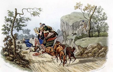 "Olyckor kommer att hända med de bäst utsedda tränarna!", graverad av R.G. Reeve (fl.1811-37) pub. av Thomas McLean