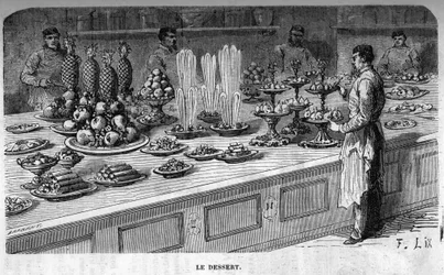 Kök från Palais des Tuileries: Tillagning av desserter under en mottagning under det andra imperiet. Gravyr av Barbant