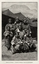 Kurderna i Petchara (Turkiet). Gravyr av Barbant för att illustrera berättelsen "Genom ryska Armenien, Karabagh, Araxdalen, Ararat-massivet" "av Madame B. Chantre, i Le tour du Monde 1892, regisserad av Edouard Charton (1807-1891), Hachette, Paris.