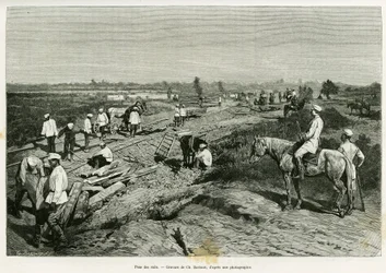Att anlägga de transkaspiska rälsen. Gravyr av Ch. Barbant för att illustrera berättelsen Voyage a Merv, av Edgar Boulanger, i le tour du monde 1887, regisserad av Edouard Charton (1807-1890), Hachette, Paris.