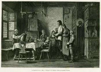 Benediciten. Barbantgravyr efter en målning av Brion, för att illustrera berättelsen A Through Alsace and Lorraine, av Charles Grad, tysk deputerad, 1884, i tour du monde 1886, regisserad av Edouard Charton (1807-1890), Hachette, Paris.