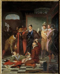 Henrik III, Frankrikes kung, stöter undan kroppen av Henrik I av Lothringen, hertig av Guise, kallad den Ärrade (1550-1588), efter hans mord på slottet Blois