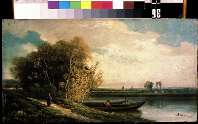 ""La berge"" (Kusten) Flodlandskap med en fiskare och en bondkvinna. Målning av Charles Barthelemy Jean Durupt (1804-1838) Mikhail Kroshitsky Art Museum från 1800-talet, Sevastopol (Sevastopol) Ukraina
