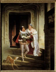 Markisinnan av Noirmoutiers, Charlotte de Beaune Semblançay (1551-1617), försöker övertala Henrik I av Lothringen, hertig av Guise, kallad den Ärrade (1550-1588), att bege sig till ståndsförsamlingen i Blois före sitt mord (1588) på slottet i Blois