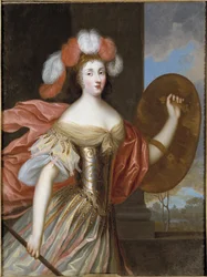 Olympe Mancini, grevinna av Soissons och Athena - Porträtt av Olympia Mancini (1638-1708), grevinna av Soissons som Athena, av Beaubrun, Charles (1604-1692). Olja på duk. Mått: 130x99 cm. Nationalmuseum Stockholm