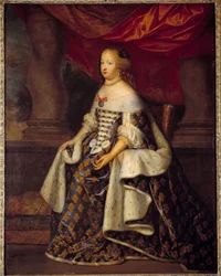 Porträtt av Marie Therese av Österrike (1638-1683), Frankrikes drottning Målning av Charles Beaubruns Atelier (1604-1692) 1600-talets sön. 1,8 x 1,4 m