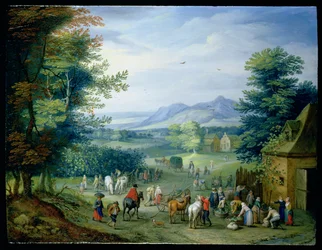 Druvskörden, figurer i ett landskap på landsbygden