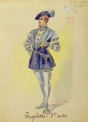 Kostym för hertigen av Mantua, från akt III i operan "Rigoletto" av Verdi (1813-1901) (akvarell på papper)