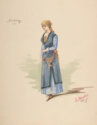 Kostymdesign för Andrey [a], Beskrivande ark med tillbehör [b], 1889.