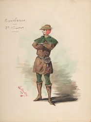 Kostymdesign för Touchstone [a], Beskrivande blad med kostymer och tillbehör..., 1889.