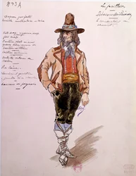 Kuskens kostym för operan "" Paillasse"" (pagliacci, clowner) av Ruggero Leoncavallo (1857-1919) från 1892. Akvarell av Charles Bianchini (1860-1905)