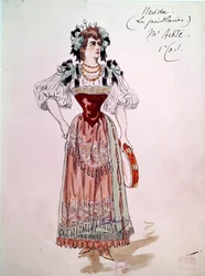 Nedda eller Colombine kostym för operan "" Paillasse "" (clowner, clowner) av Ruggero Leoncavallo (1857-1919) från 1892. Akvarell av Charles Bianchini (1860-1905)