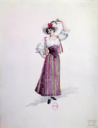 Ung kvinnas kostym (Nedda eller Colombine?) för operan "" Paillasse"" (de pagliacci, clowner) av Ruggero Leoncavallo (1857-1919) från 1892. Akvarell av Charles Bianchini (1860-1905)