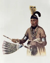 Naw-Kaw eller "Wood", en Winnebago-hövding, illustration från "The Indian Tribes of North America, Vol.1", av Thomas L. McKenney och James Hall, pub. av John Grant
