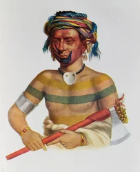 Shau-Hau-Napo-Tinia, en Iowahövding, 1837, illustration från "The Indian Tribes of North America, Vol.1", av Thomas L. McKenney och James Hall, publicerad av John Grant.