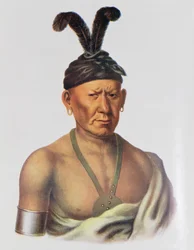 Wakechai eller "Crouching Eagle", en saukhövding, illustration från "The Indian Tribes of North America, Vol.2", av Thomas L. McKenney och James Hall, publicerad av John Grant.