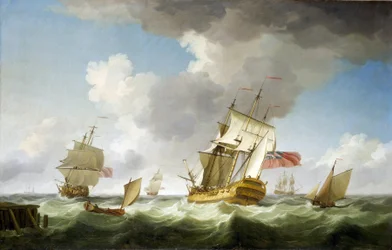 Ett handelsfartyg från Brittiska Ostindiska Kompaniet i stark vind, nära piren som det just lämnat. Olja på duk, omkring 1750, av Charles Brooking (1723-1759).