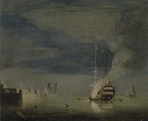 A Two-Decker on Fire at Night off a Fort, c.1740 (olja på duk)
