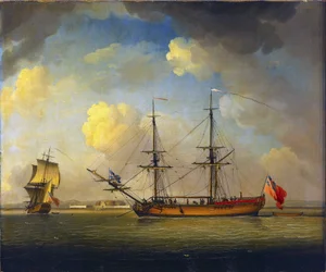 Fartyget "Naval Snow", ett brittiskt fartyg med två master som användes för att transportera förnödenheter till Royal Navy, i horisonten, Fort Tilbury, vid Themsen, England