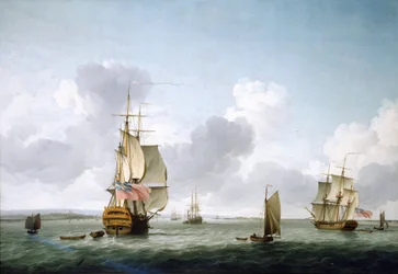 Ett fartyg med två däck och en fregatt på väg uppför Themsen (England), utanför Gravesend. Olja på duk av Charles Brooking (1723-1759).