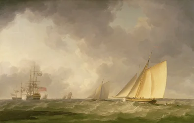 Kutter som seglar bidevind i frisk bris, med andra fartyg, omkring 1750