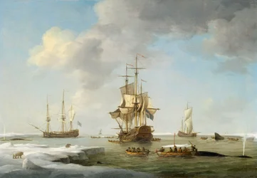 Fiske på Grönland: Engelska valfångare i isen, ca 1750 (olja på duk)