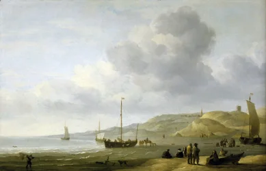 Scen på stranden nära Scheveningen (Holland). Olja på duk