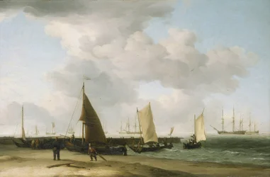 Scen på stranden med en krigsbyggnad i horisonten. Olja på duk