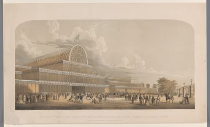Utsikt över Crystal Palace Transept (vy utifrån) av industripalatset, från Prince of Wales Gate (titel på objektet)