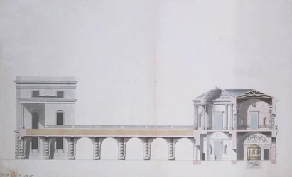 Tvärsnitt av agatpaviljongen och den hängande trädgården i Tsarskoye Selo, ca 1780 (penna och bläck med wc på papper)