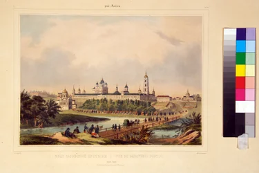 Utsikt över Sarov-klostret. Serafimernas kloster (Serafimer) av Sarov (1759-1833), ett ortodoxt helgon. Verk av Charles Claude Bachelier (första hälften av 1800-talet), gravyr färgad i akvarell, tidigt 1800-tal. Konst