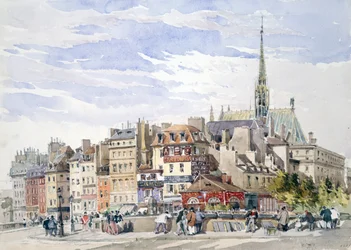 Sainte-Chapelle och Palais de Justice vid kajen Pont Saint-Michel". Akvarell. Charles Claude Pyne (1802-1878) engelsk landskaps- och genremålare. Paris, Frankrike