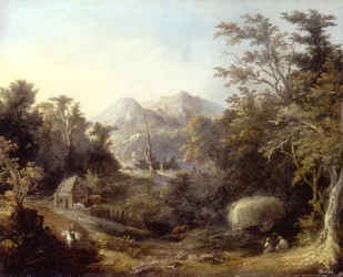 Landskap med gård och berg