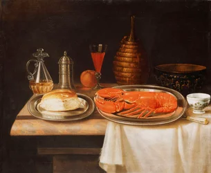 Ett stilleben; med en hummer och bröd på salvor, en karaff med vin och andra föremål på en delvis draperad marmoravsats,