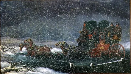 En diligens som kör en bäck i en snöstorm (olja på duk)