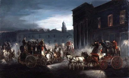 Edinburgh Mail Coach och andra bussar på en Lamplit Street (olja)